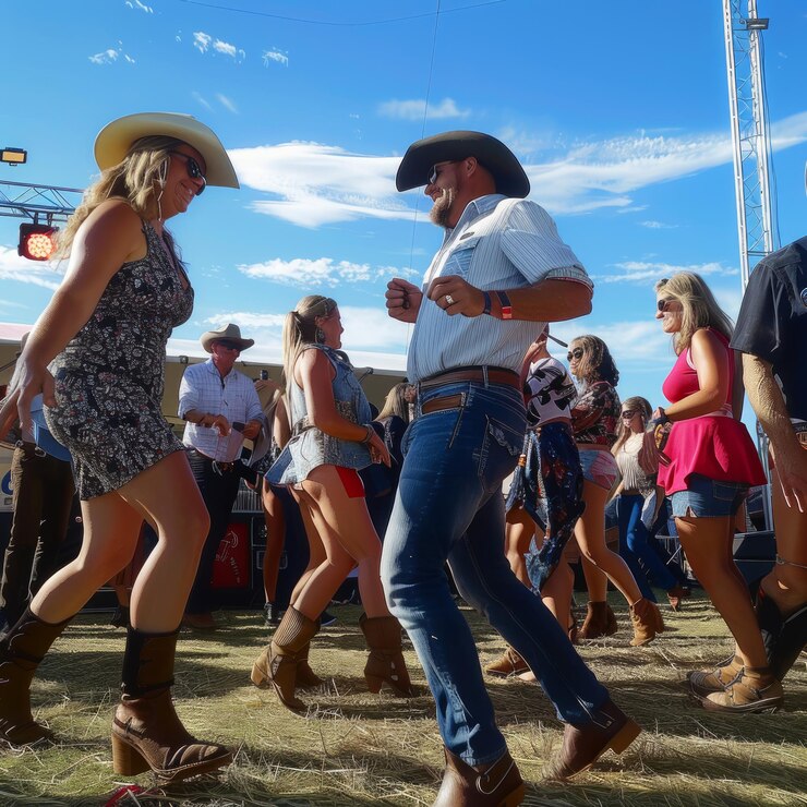 Foto dança de linha country com um grupo animado de pessoas com chapéus e botas de cowboy