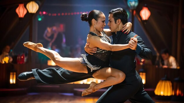 Foto dança de paixão, casal, mulher a saltar.