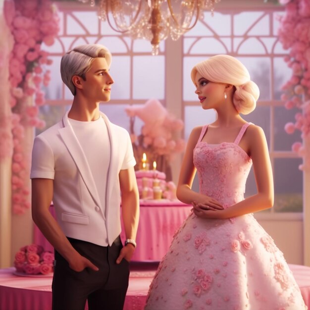 Foto dança de salão de barbie e ken sob um candelabro de cristal