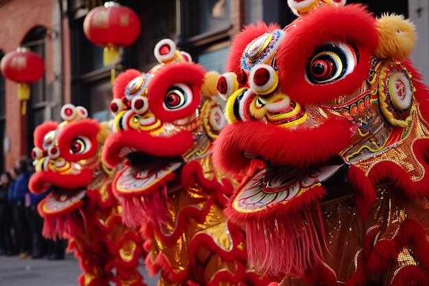 Dança do leão na cidade da China celebra o ano novo lunar