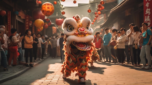 Dança do Leão nas ruas da cidade da China, Ano Novo Chinês