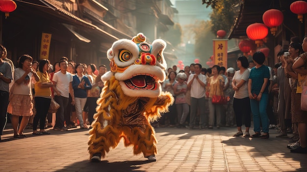 Dança do Leão nas ruas da cidade da China, Ano Novo Chinês