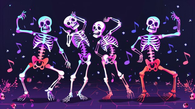 Dança dos esqueletos engraçado Halloween Dia de los Muertos personagens mortos crânio e ossos se movendo a um ritmo de música discoteca festa humano anatômico desenho animado conjunto de ilustração