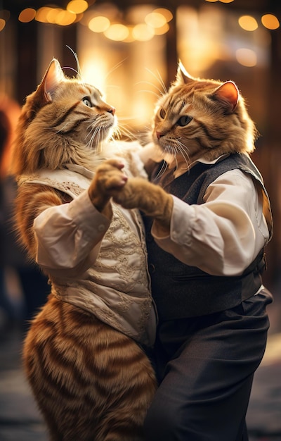 Foto dança festiva de dois gatos tabby vestidos