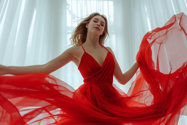 Foto dança graciosa em um vestido vermelho em meio ao esplendor branco