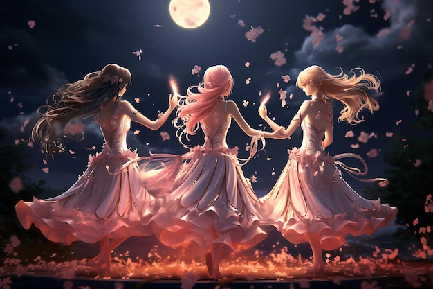 Dança harmoniosa da elegância ao luar de garotas de anime na noite