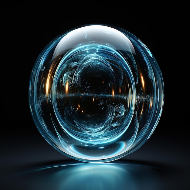 Dança Vibrante de Energia Fluida em uma Esfera de VidroFonte abstrata com esfera de vidro circular brilhante em um fundo preto