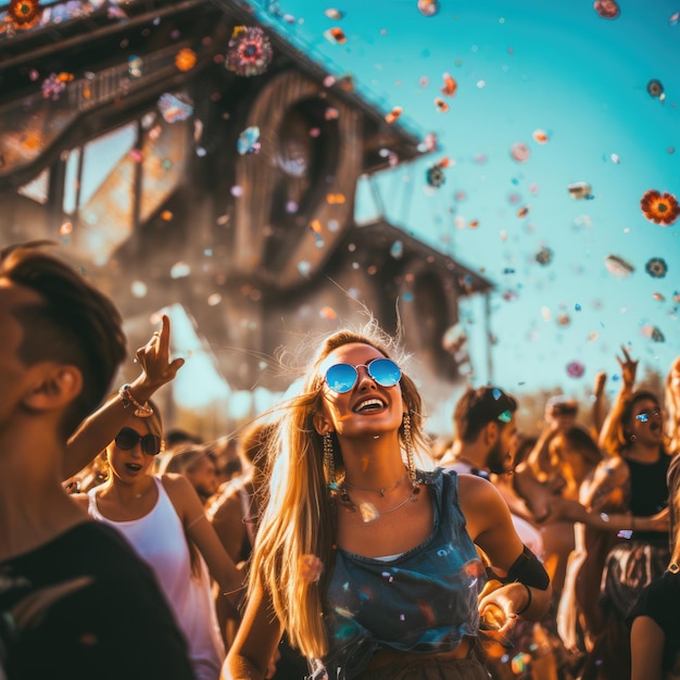 Foto dançando com amigos festival de verão pessoas em festa generativa ai