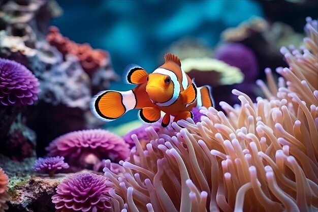 Dançando no meio do Reino do Coral Peixes-palhaço coloridos em seu habitat natural subaquático