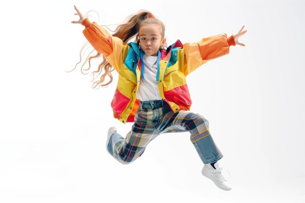Foto dançarina adolescente moderna pulando e dançando hip hop isolada em um fundo branco