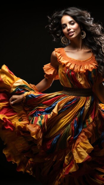 Dançarina com um vestido de salsa vibrante com franjas