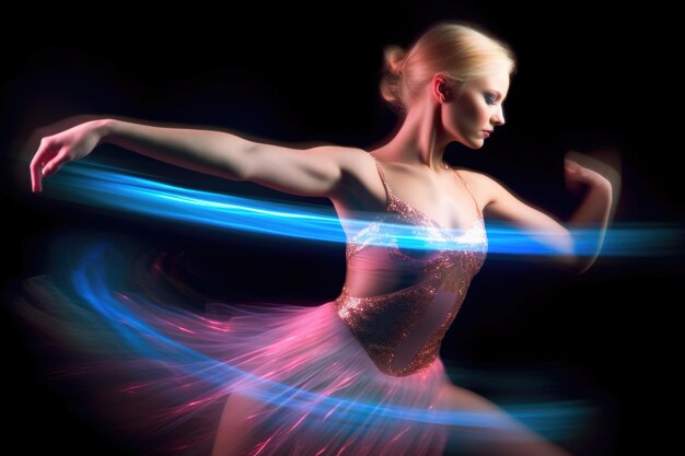Foto dançarina de balé com trilhas de luz vermelha e azul em desfoque de movimento generative ai aig27