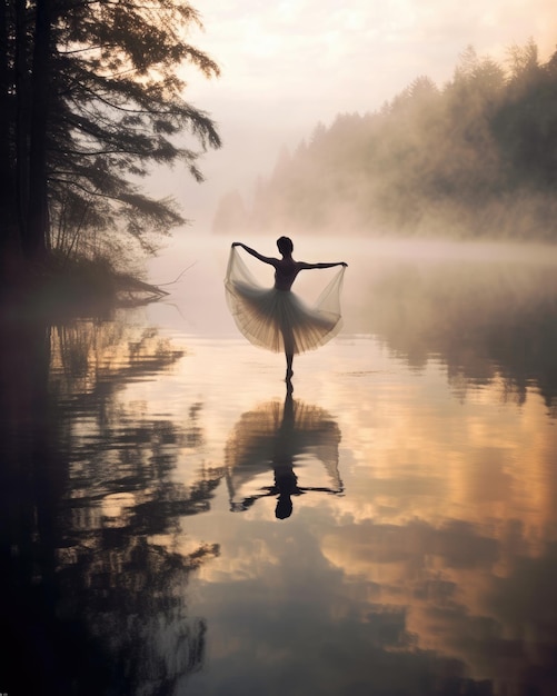 Dançarina de ballet a dançar no lago