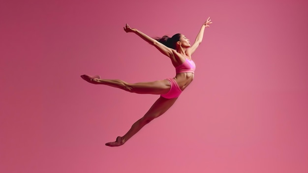 Dançarina de ballet graciosa a saltar contra um fundo rosa.