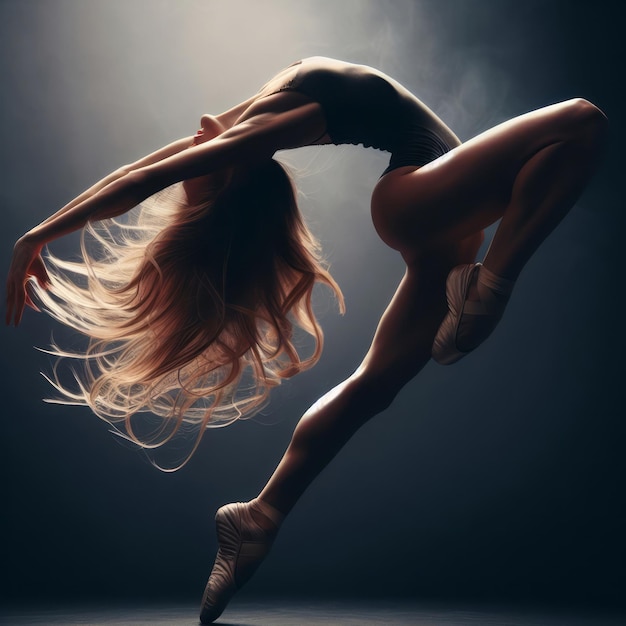 Dançarina de leotardo preto e chinelos de balé dançando com o cabelo voando Ballerina dançando