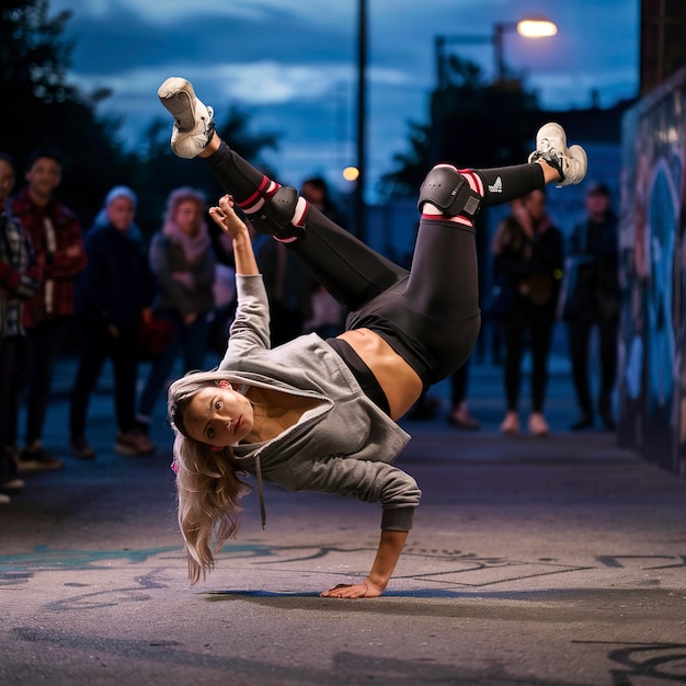 Dançarina de rua dançando breakdance na rua da noite