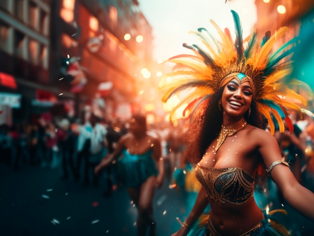 Dançarinos em trajes exóticos de penas no Carnaval brasileiro