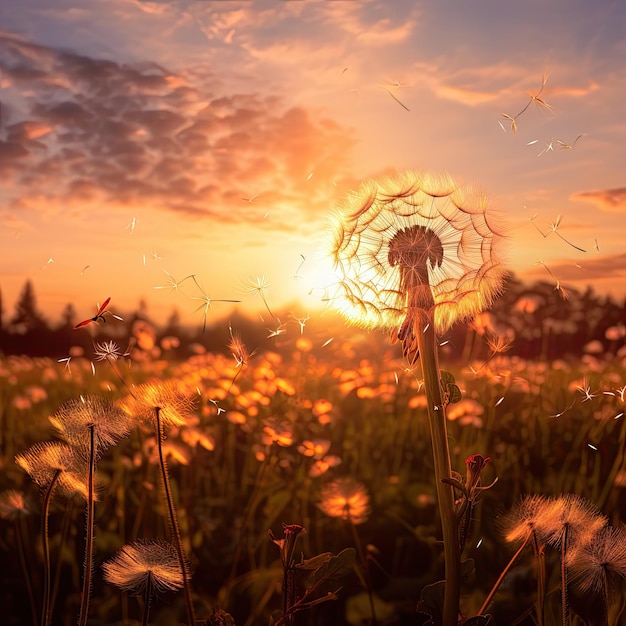 un dandel con el sol poniéndose en el fondo y algunas flores blancas soplando en el viento en un campo al atardecer