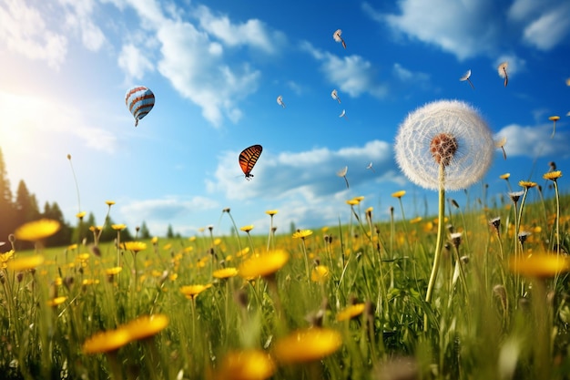 Dandelion-Feld mit einem Heißluftballon oder einem Drachen, der über dem Kopf fliegt, für eine launische Szene