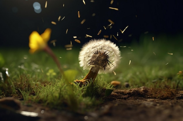 Dandelion na grama com um fundo preto.