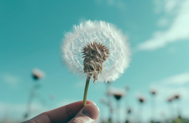 Dandelion Nahaufnahme und Hände einer Person, die im Wind in der Natur gegen einen blauen Himmel weht