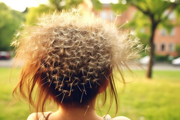 Dandelion no cabelo de uma criança como um acessório natural