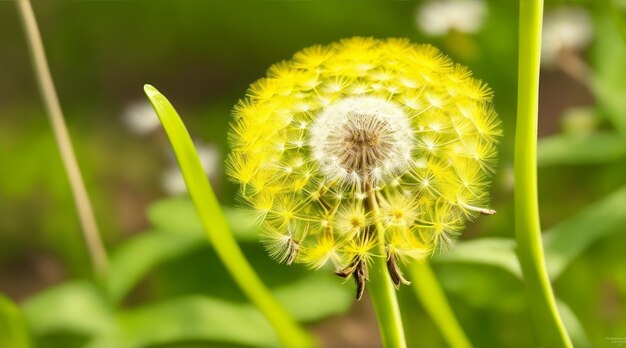 Dandelion primer plano de la flor en la naturaleza para la primavera y el fondo natural hierba de jardín y macro planta IA generativa