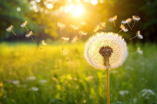 Dandelion-Samen, die die Form einer Musiknote bilden, mit Musikinstrumenten in der Nähe