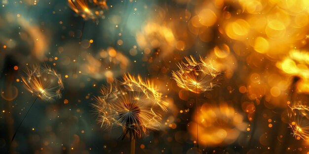 Dandelion-Samen in einem dramatischen Tanz, umgeben von einem feurigen Bokeh-Effekt, der der Szene Magie verleiht