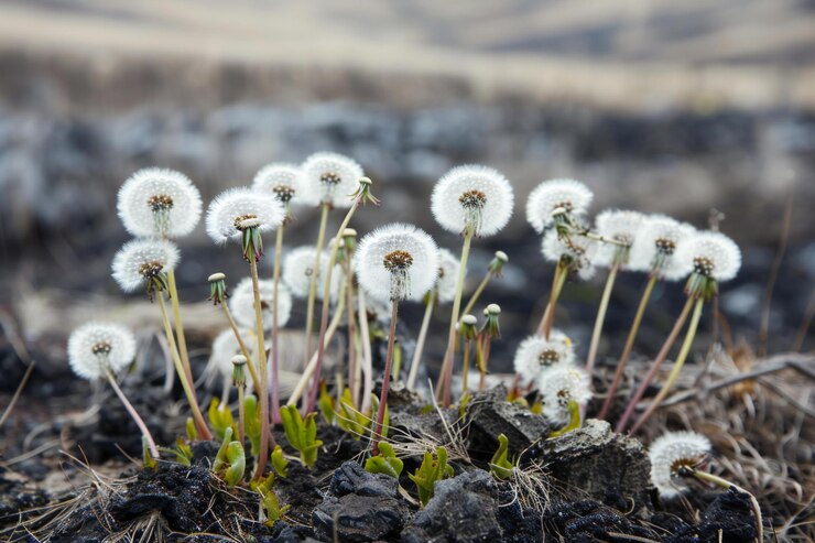 Dandeliones en el campo Semillas de Dandelion en el suelo
