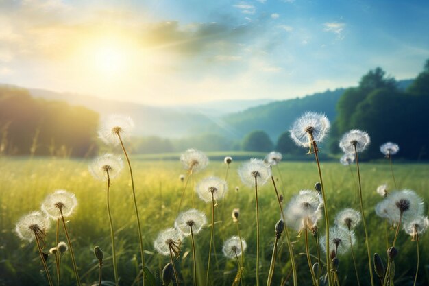 Dandelionfeld mit einem Picknick oder einer Versammlung von Freunden