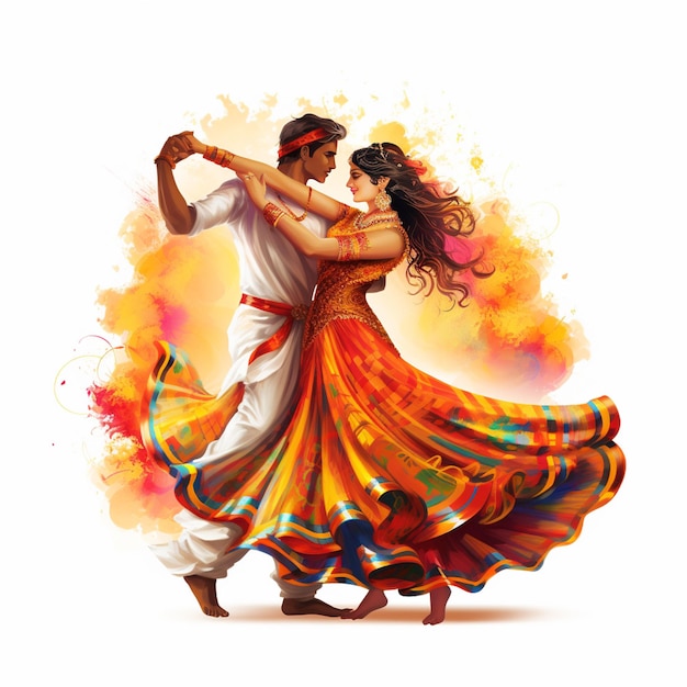 Dandiya pareja de baile en Navratri feliz Durga Puja