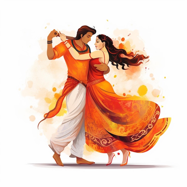 Dandiya pareja de baile en Navratri feliz Durga Puja