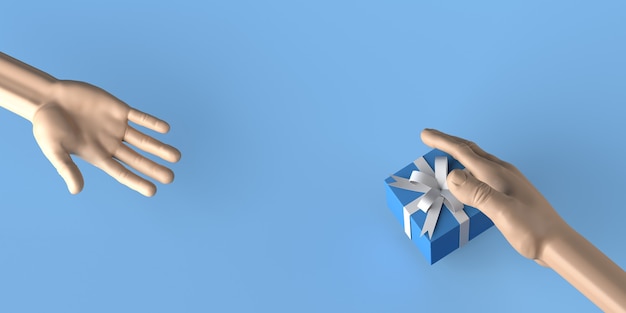 Dando fundo de terça-feira com a mão doando um presente. Filantropia. Ilustração 3D.