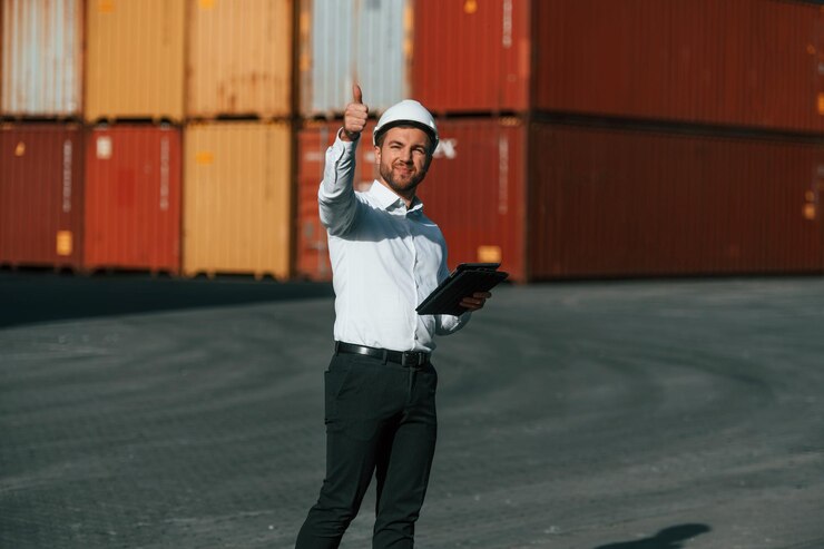Foto dando instruções pela mão trabalhador masculino está no local com recipientes