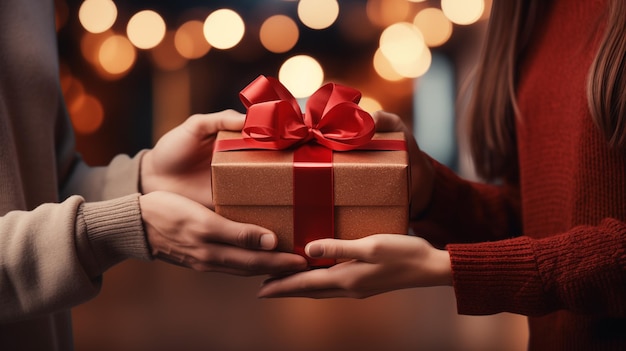 Dando presentes durante a celebração de feliz aniversário Mãos de mulher segurando uma caixa de presentes