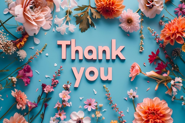 Danke-Karte mit leuchtenden Frühlings-Sommerblumen auf blauem Hintergrund Dankbarkeit flach legen Konzept