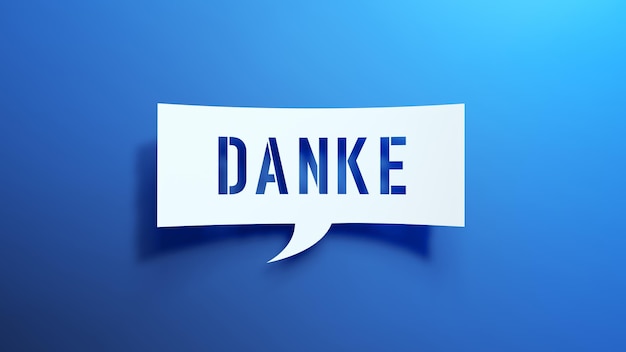 Foto danke speech bubble minimalist abstract design com papel branco cortado em um fundo azul