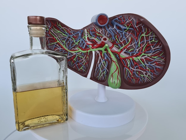 Daño hepático alcohólico y cirrosis hepática concepto con hígado y alcohol Cirrosis por alcoholismo hepatitis B o C o enfermedad hepática grasa no alcohólica