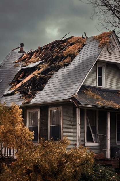 Daño de tormenta en el techo de una casa creado con IA generativa