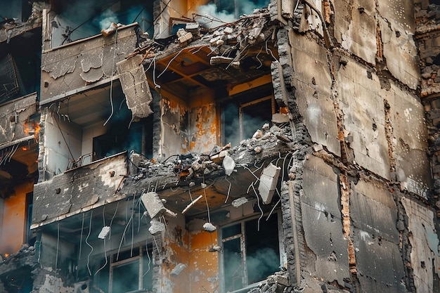 Foto danos a um edifício residencial como resultado de ataques de artilharia