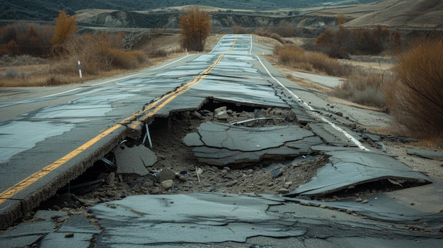 Foto danos do terremoto dividem ruas e fissuras profundas poder bruto da natureza no asfalto arruinado