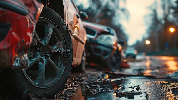 Daños en vehículos pesados después de una colisión en el lugar del accidente en la calle de la ciudad Seguridad vial