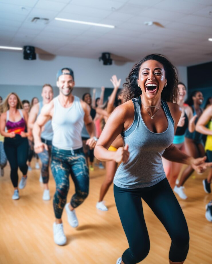 Danza dinámica Fitness Participantes animados Grooving con alegría en un estudio