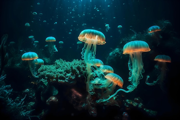 Danza etérea de medusas luminiscentes Una sinfonía marina IA generativa