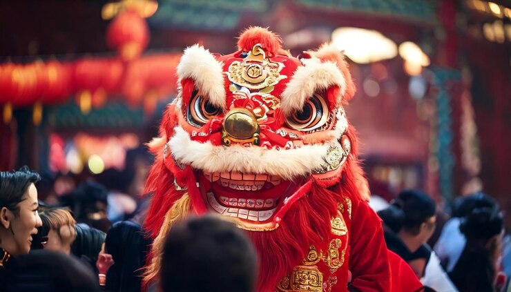 La danza del león del Año Nuevo chino con la audiencia de la celebración del Año nuevo chino en el fondo