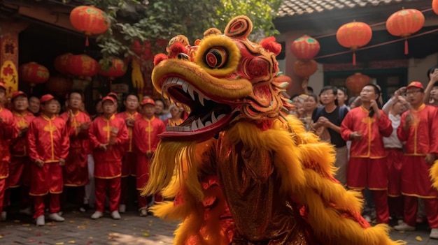 Una danza del león frente a una multitud.