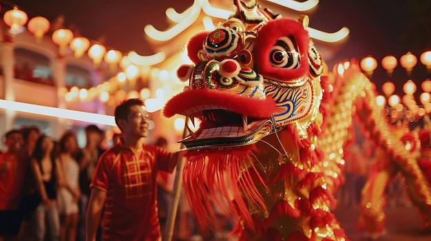 Una danza tradicional china del león se realiza durante un festival