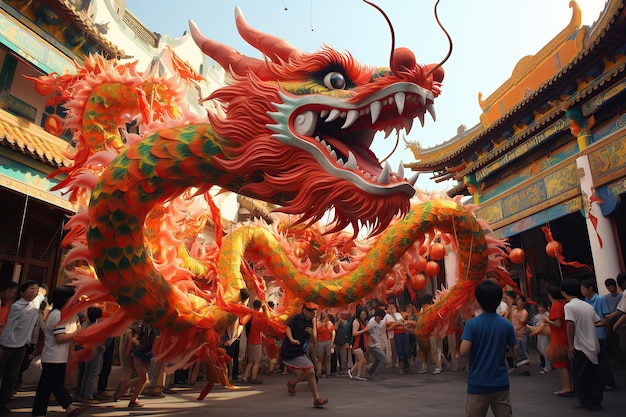 Danza tradicional del dragón en la calle generada por IA