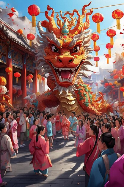 Danzas de dragón chinas en las calles y la gente mira la tradición de actuación de las celebraciones de Año Nuevo Decoración